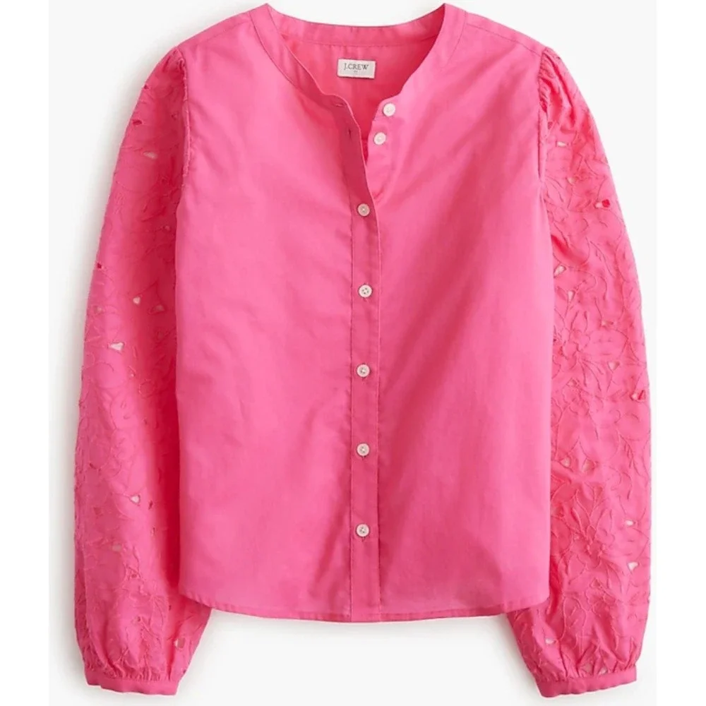 J Crew Pink Eyelet Sleeve Button Up‎ Shirt Top Womens XS NWT $90